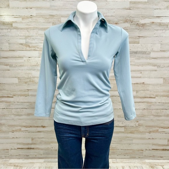 Theory Tops - Theory Knit Stretch Split Open Front Top Womens Size S Light Teal 3/4 Sleeve
